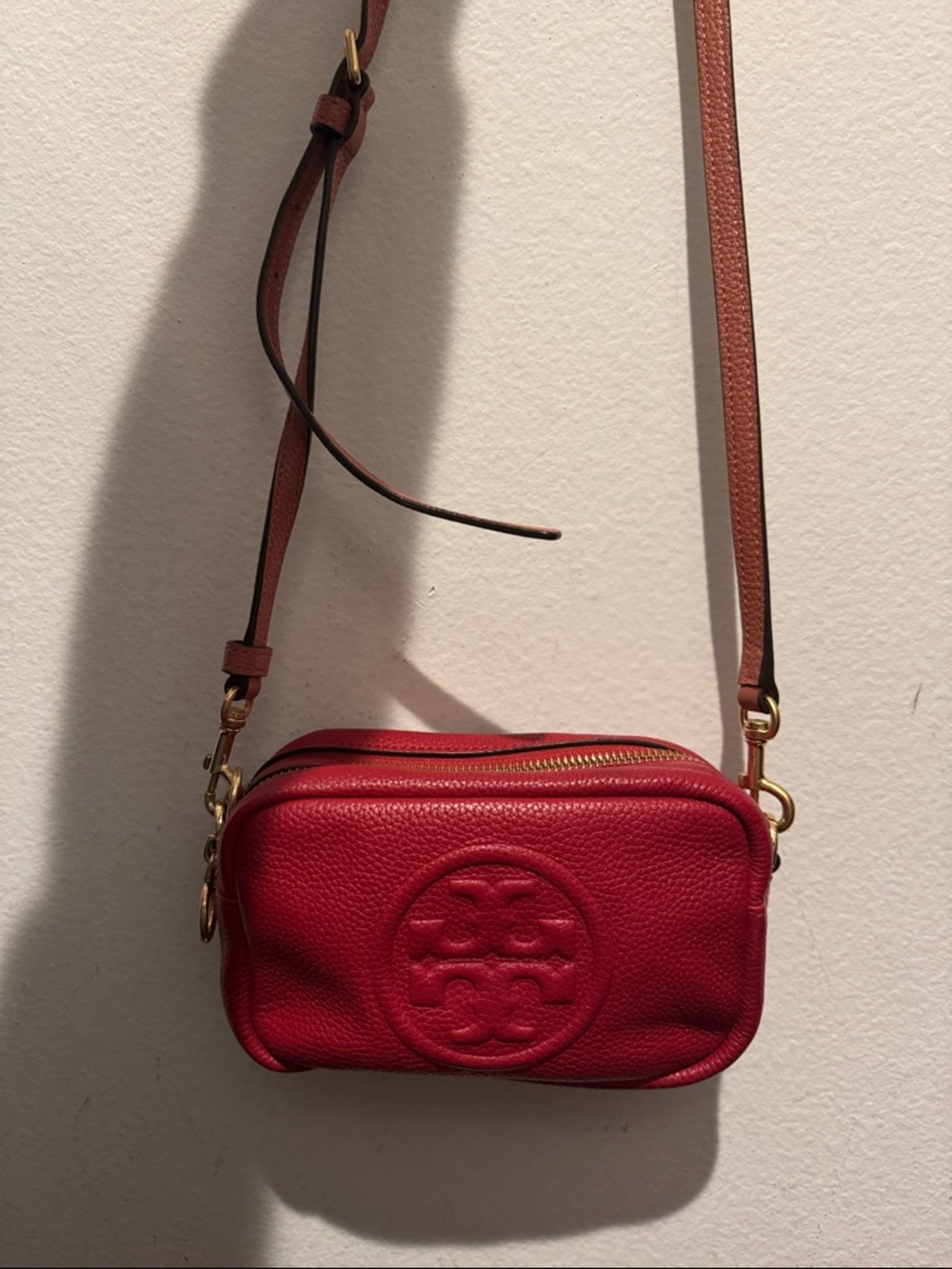 Tory Burch Red Pebbled Leather Logo Crossbody with Brown Strap